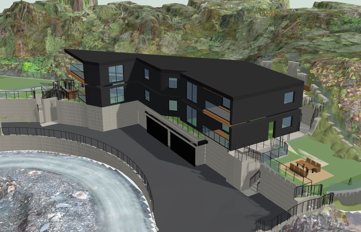 3D-modell av en tomannsbolig lagt inn i dronemodellen av tomta, med garasjer, murer, innkjørsel og hager